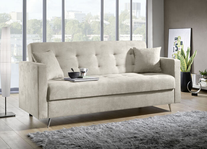 Schlafsofa auf Chromfüßen mit Bettkasten CREME