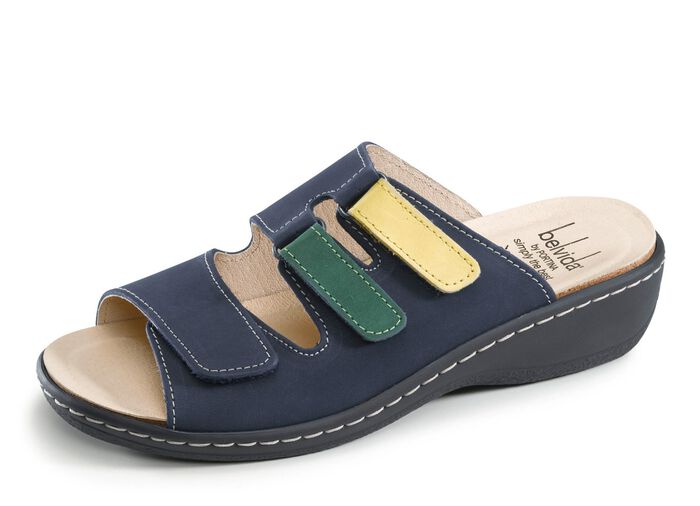 ELENA EDEN, bequeme Damen-Pantoletten, Weite H, mt herausnehmbarem Fu&szlig;bett MARINE-BUNT