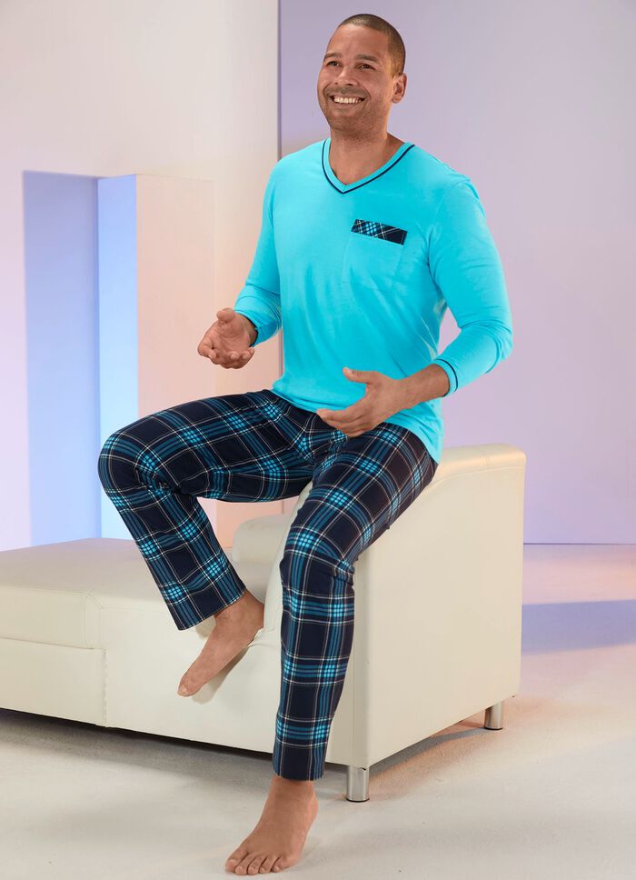 Schlafanzug mit V-Ausschnitt, aufgesetzter Brusttasche und Karodessin 