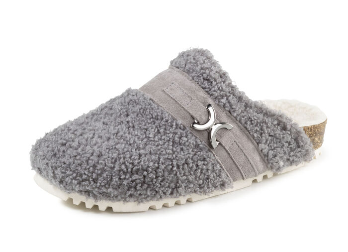 Laurina Pantoffel aus weichem Plüsch mit Veloursbesatz GRAU