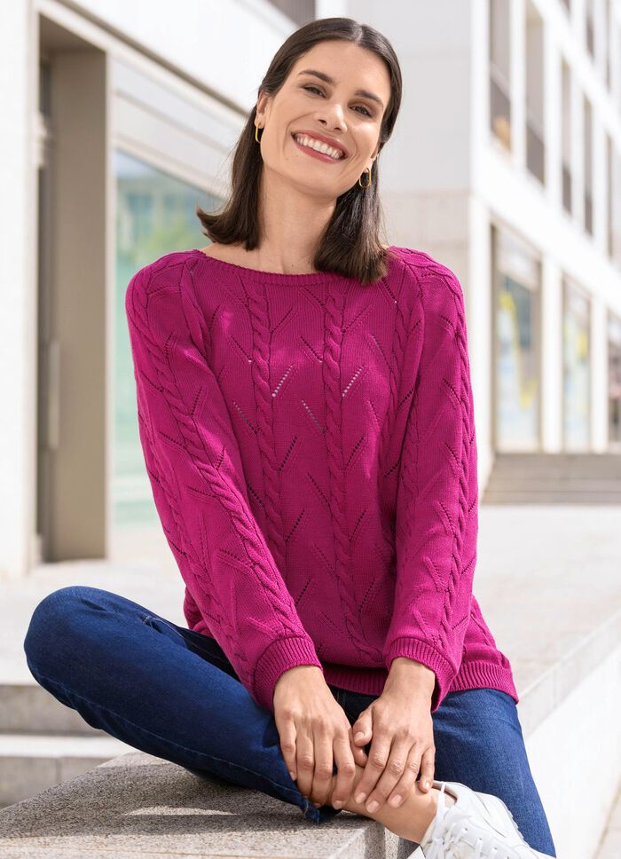Pullover mit Zopfstrukturen und Ajourmustermix MAGENTA