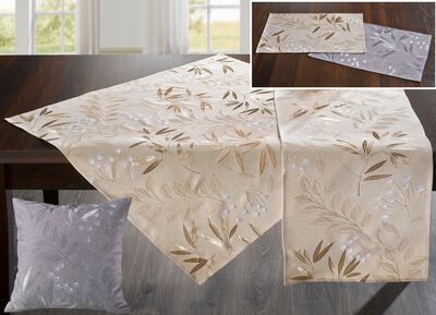 Bestickte Tisch- und Raumdekoration mit Gr&auml;ser- und Bl&auml;tter-Dessin 