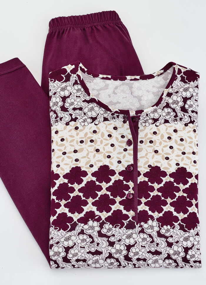 Schlafanzug mit 7/8-langer Hose und Bordürendruck bordeaux-sand 