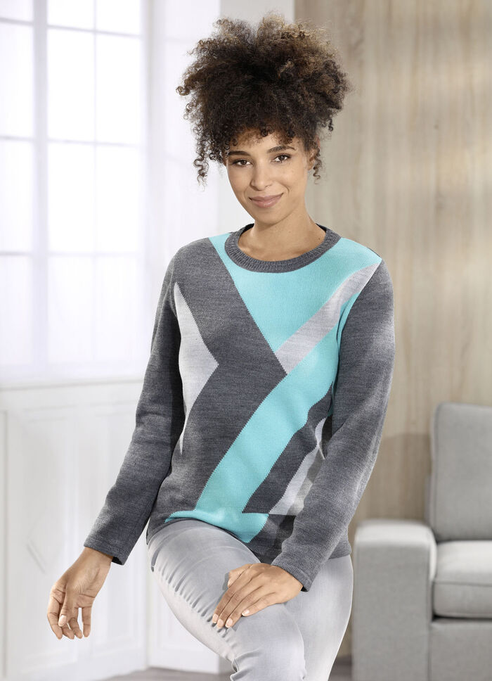 Pullover mit Intarsien GRAFIT-GRAU-TÜRKIS