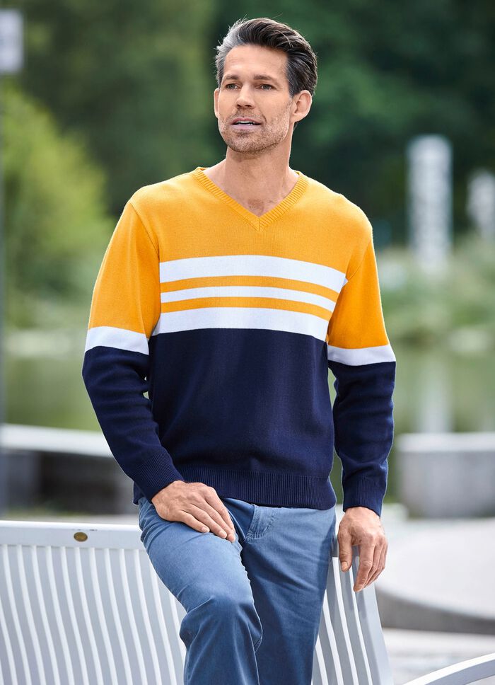 Modischer V-Pullover MARINE-OCKER-WEISS