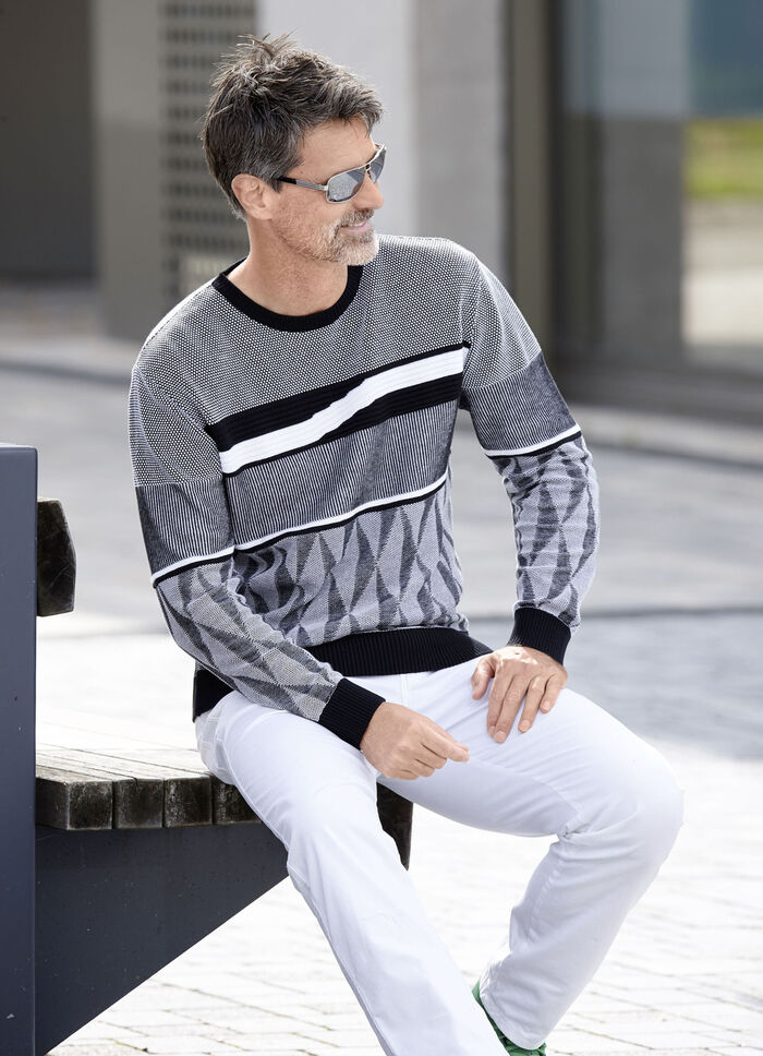 Gemusterter Rundhalspullover in 2 Farben SCHWARZ-WEISS