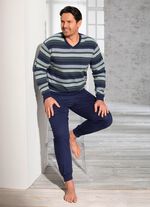 Schlafanzug mit B&uuml;ndchenabschl&uuml;ssen, V-Ausschnitt und garngef&auml;rbtem Ringeldessin 