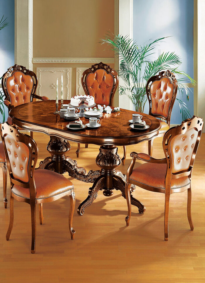 Esszimmer-St&uuml;hle und Sessel mit Lederbezug 