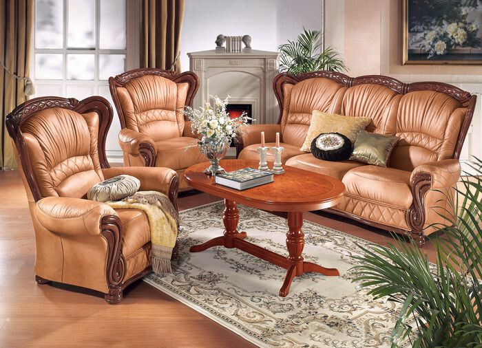 Attraktive Ledergarnitur mit massivem Holzgestell und Schnitzereien LACHS