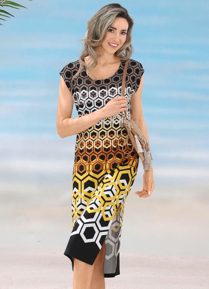 Kleid mit farbbrillantem Druckdessin und &uuml;berschnittenen &Auml;rmeln 