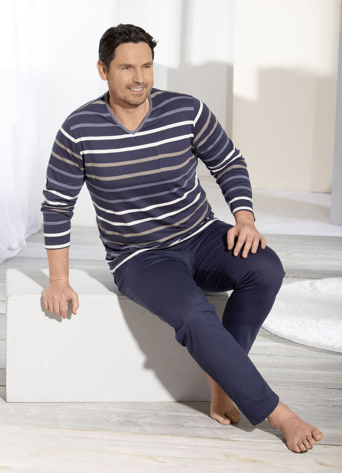 Schlafanzug mit V-Ausschnitt und garngef&auml;rbtem Ringeldessin 