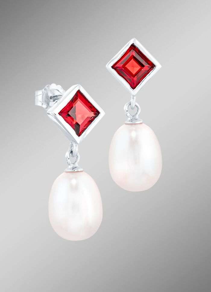 Elegante Ohrstecker mit echt Granat und S&uuml;&szlig;wasser-Zuchtperlen 