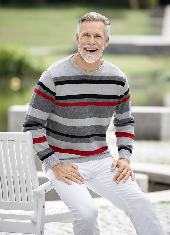 Modischer Rundhalspullover in 2 Farben GRAU-SCHWARZ-ROT