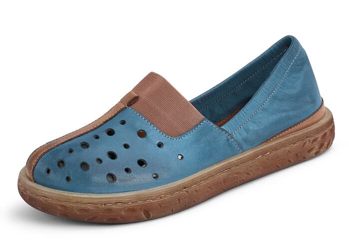 Luftig durchbrochener Slipper in 2 Farben mit herausnehmbarem Fu&szlig;bett, Weite G JEANS-COGNAC