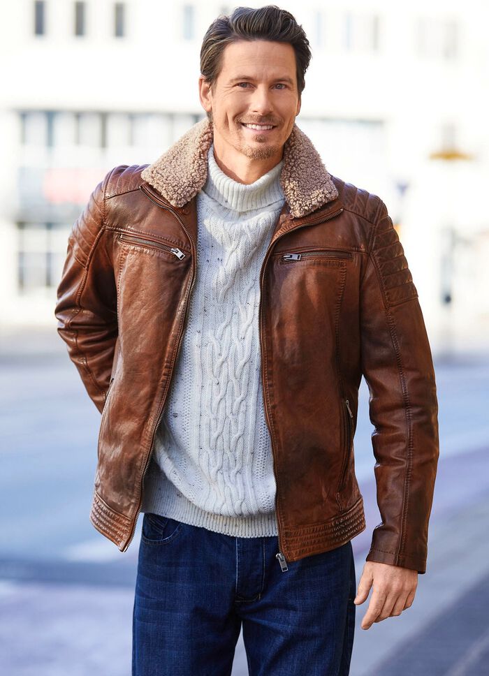 Lederkurzjacke mit Webpelzbesatz 