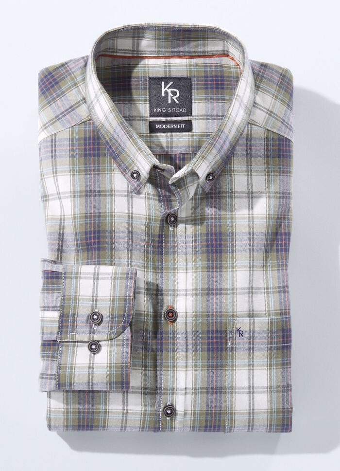 Hemd von "King's Road" mit Button-Down-Kragen in 3 Farben GRÜN-ECRU KARIERT