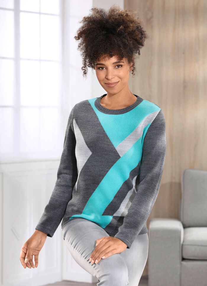 Pullover mit Intarsien GRAFIT-GRAU-T&Uuml;RKIS