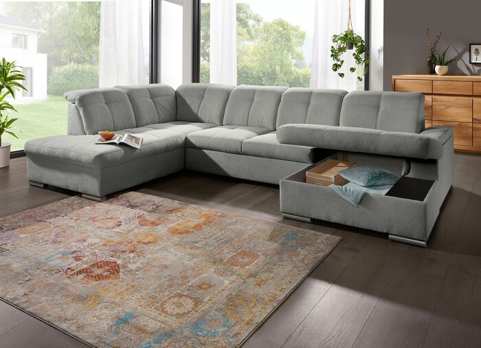 Wohnlandschaft mit Bettfunktion und Bettkasten GRAU