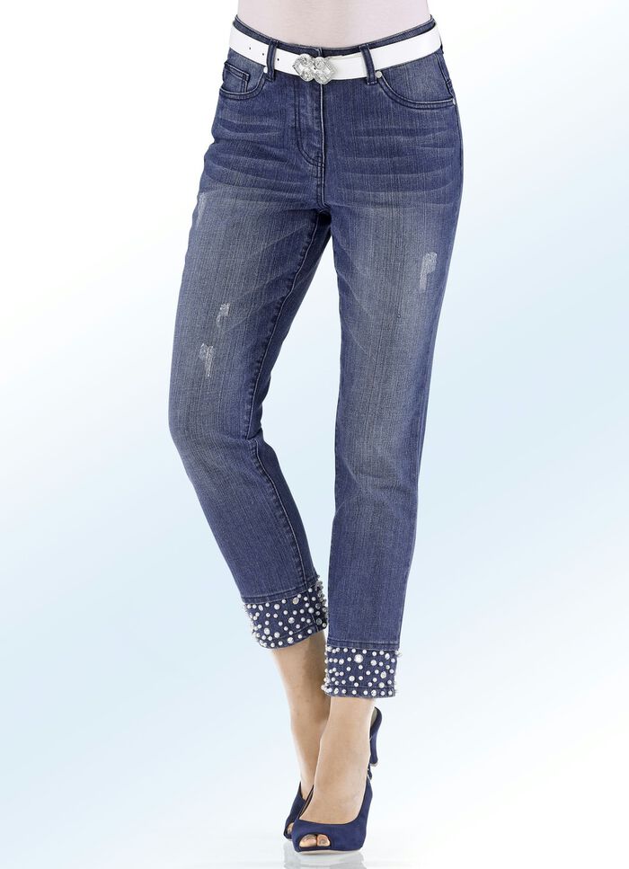 7/8 -Jeans mit Perlen- und Strasssteinbesatz JEANSBLAU