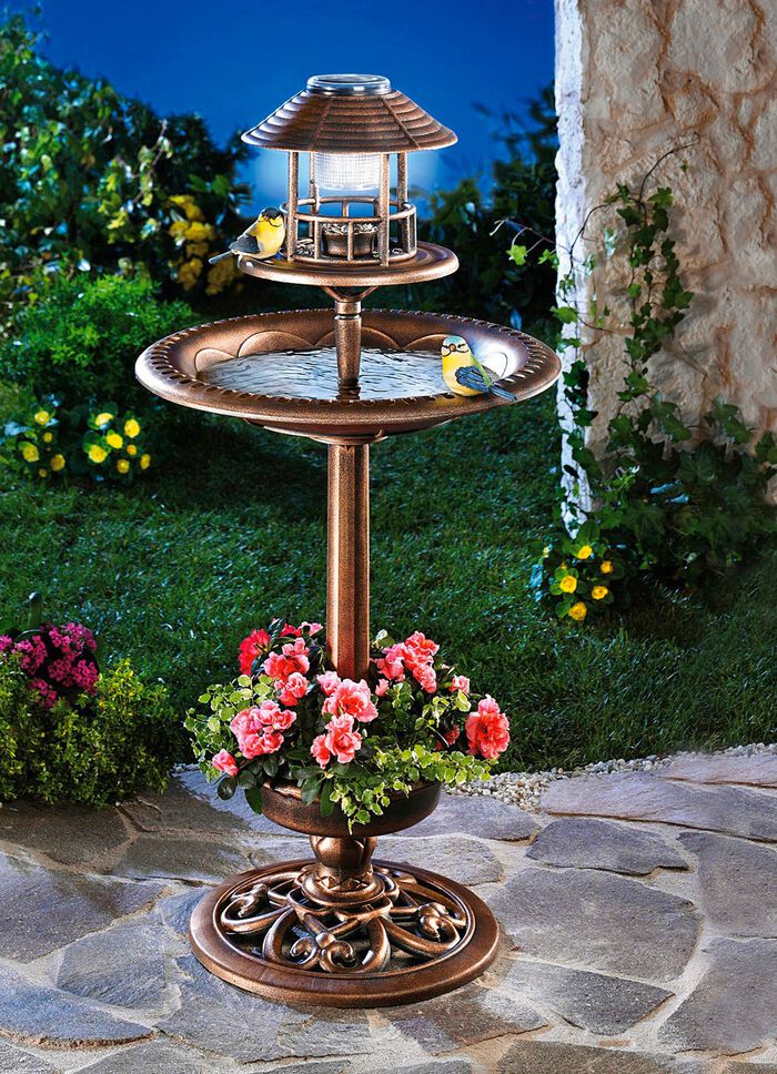 Vogelbad mit &uuml;berdachtem Futterbeh&auml;lter BRONZE