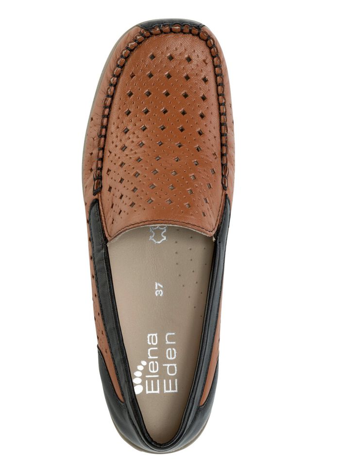 ELENA EDEN, sommerliche Damen-Slipper, Weite H, mit herausnehmbarem Fu&szlig;bett COGNAC-SCHWARZ