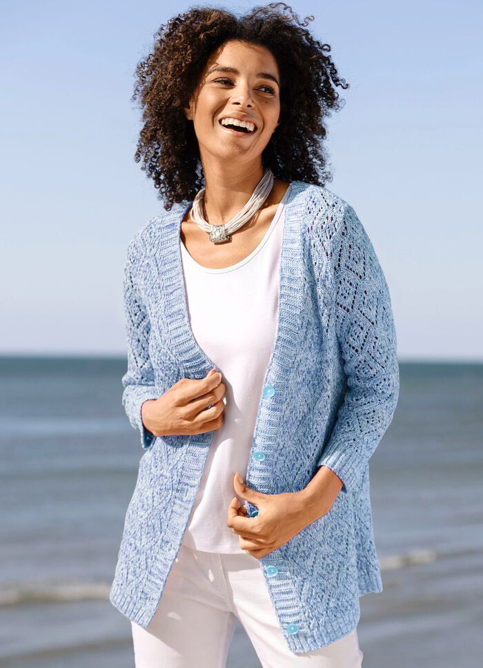 Strickjacke aus Melangegarn BLAU-WEISS