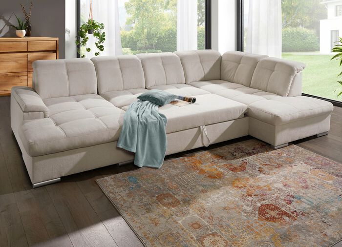 Wohnlandschaft mit Bettfunktion und Bettkasten CREME