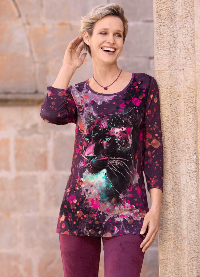 Shirt mit Strasszier im Vorderteil LILA-PINK-SCHWARZ