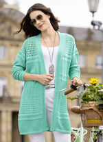 Long-Strickjacke in Struktur- und Ajourmustermix AQUA