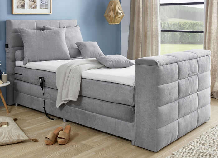 Boxspringbett mit elektrisch versenkbarer TV-Halterung HELLGRAU