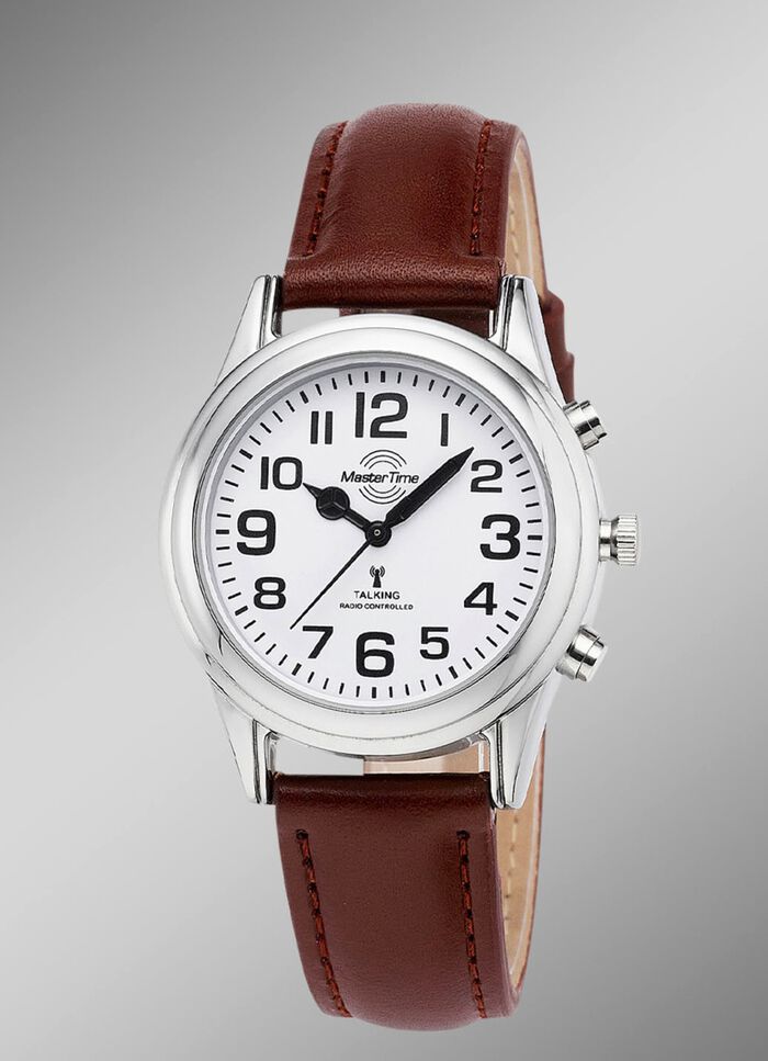 Funk-Damenuhr mit Lederband und sprechender Zeitansage 