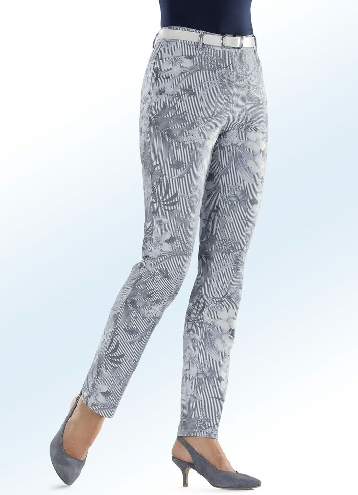 Hose mit apartem Streifen- und Floraldessinierung WEISS-BLAU