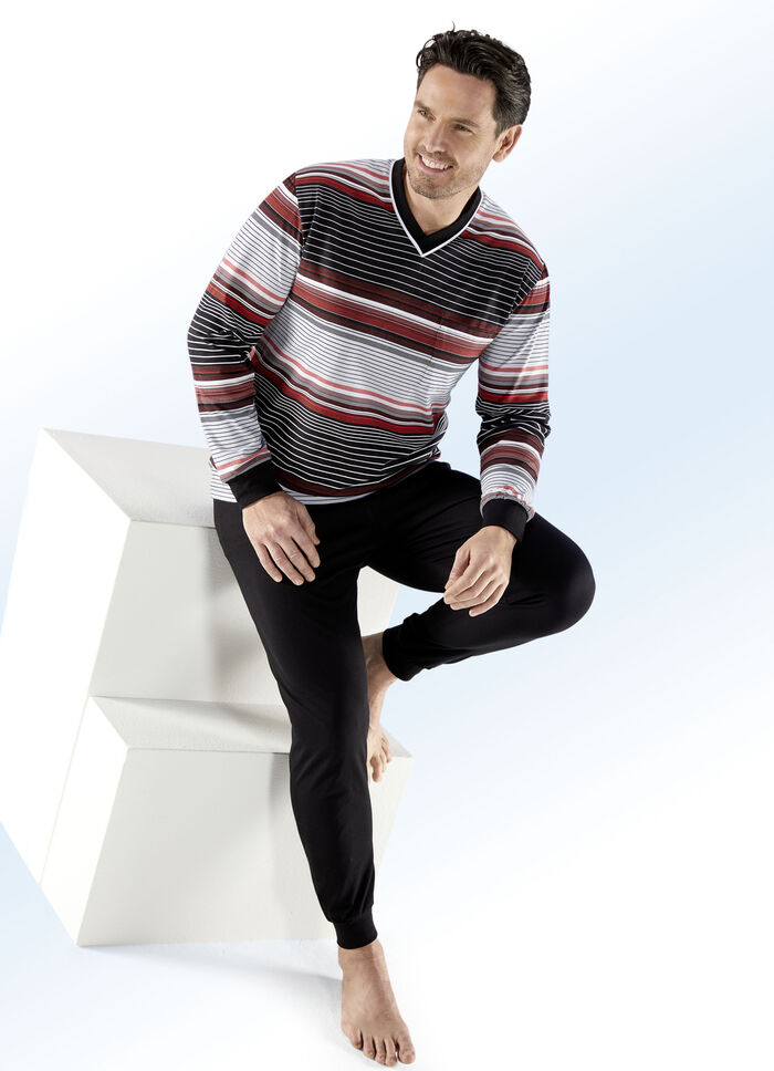 Schlafanzug mit Ringeldessin, V-Ausschnitt und Brusttasche SCHWARZ-ROT-GRAU