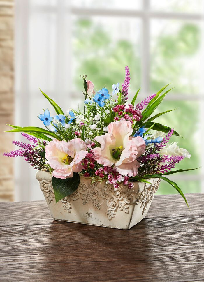 Lysianthus-Arrangement in Keramikschale 