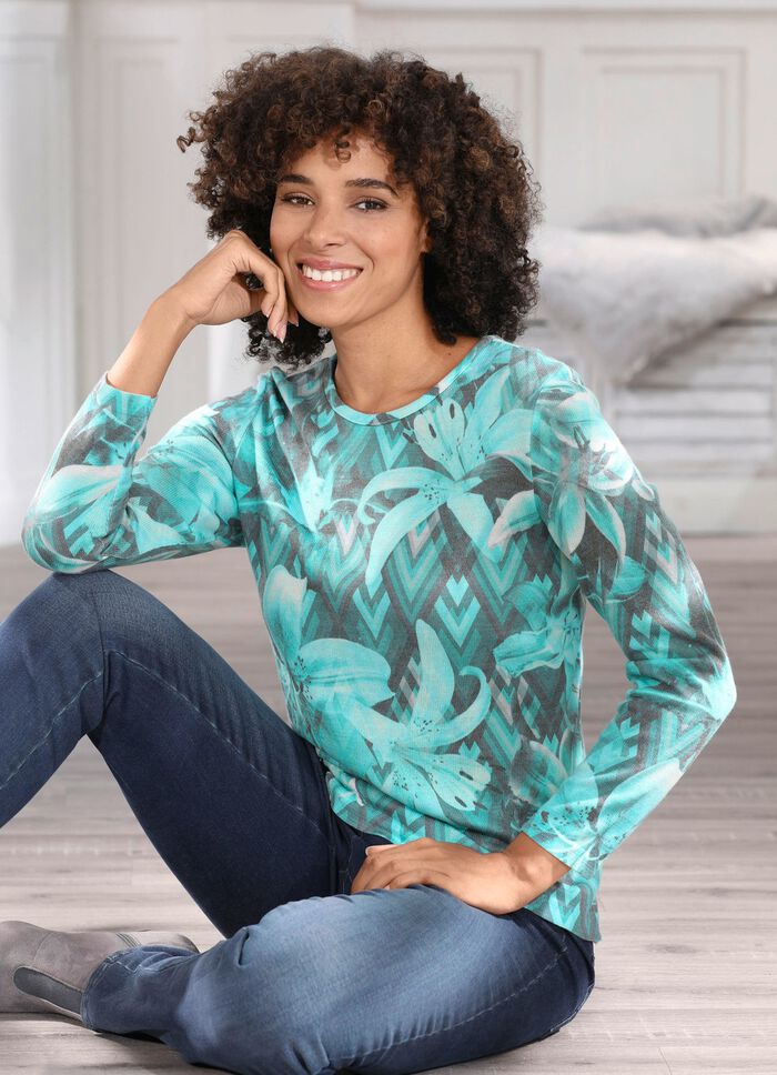 Pullover in weich flie&szlig;ender Qualit&auml;t T&Uuml;RKIS-MULTICOLOR