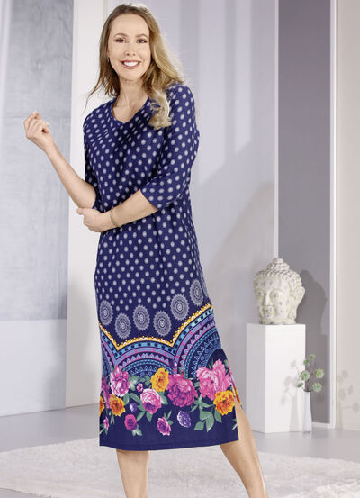 Laurina Nachthemd mit Bordürendruck und 3/4-langen Ärmeln 