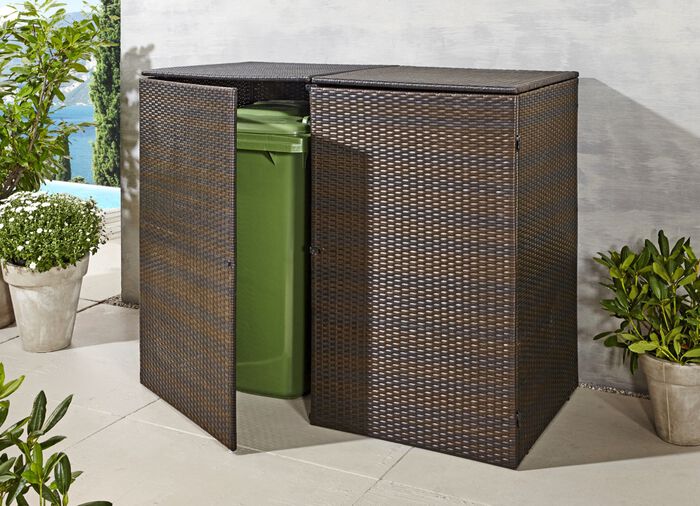 Doppel-M&uuml;lltonnenschrank mit witterungsbest&auml;ndigem Kunststoffgeflecht BRAUN