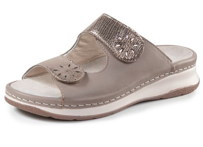 ELENA EDEN, bequeme Damen-Pantoletten, Weite H, mit herausnehmbarem Fu&szlig;bett TAUPE-ANTIKBRONZE