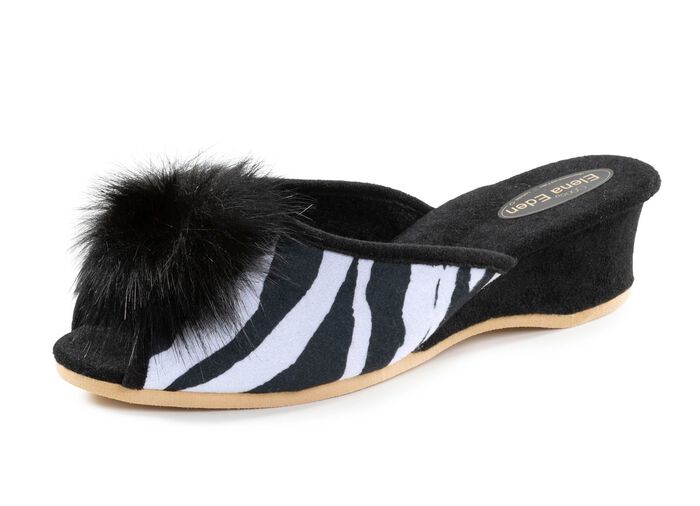 ELENA EDEN, schicke Damen-Pantoletten, Weite G, mit Kunstfellpompon SCHWARZ-WEISS
