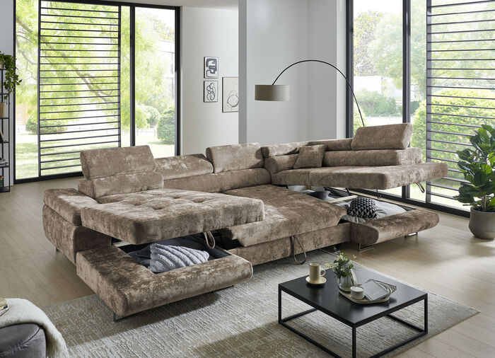 Wohnlandschaft mit Bettfunktion und Bettkasten BRAUN