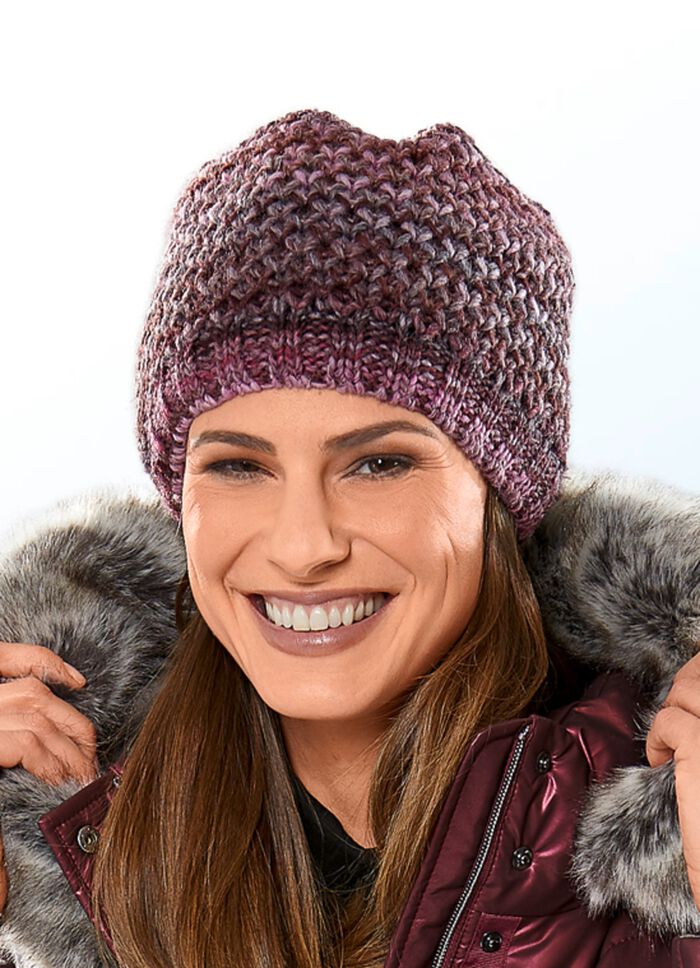 Interessante Grobstrick-M&uuml;tze BORDEAUX-ROSA