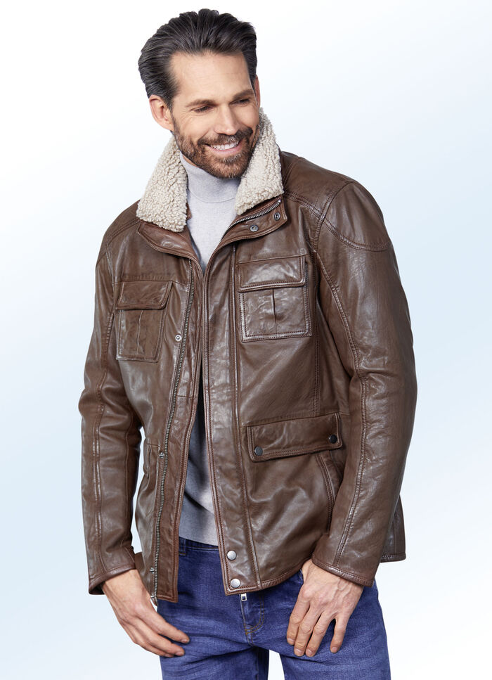 Lederkurzjacke mit Druckerleiste und Reißverschluss 