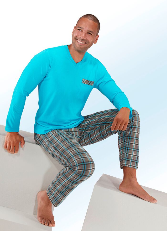 Schlafanzug mit V-Ausschnitt, Brusttasche und Karodessin 