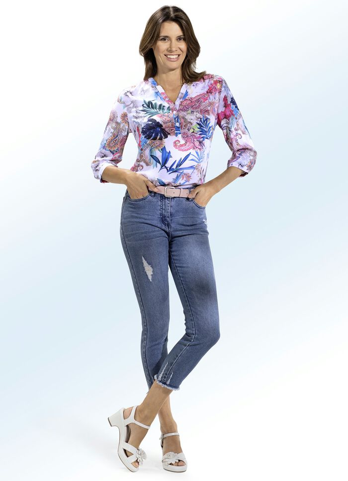 7/8-lange Jeans mit Fransensaum JEANSBLAU