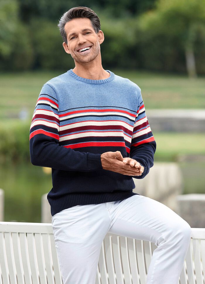 Kombistarker Rundhalspullover HELLBLAU MELIERT MARINE GESTREIFT