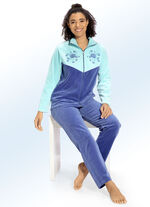 Hausanzug mit Stickerei- und Strasssteinzier BLAU-MINT