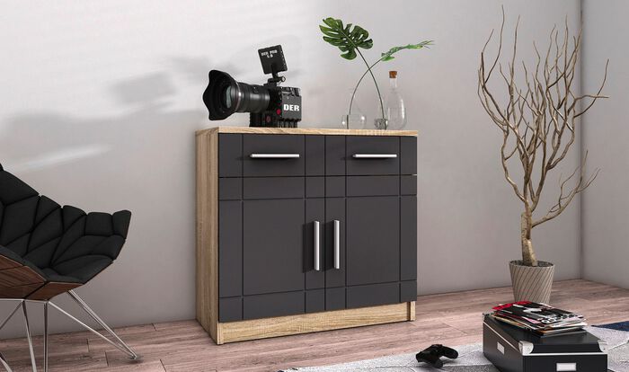 Moderne Kommode mit matten Tiefzieh-Fronten GRAU-EICHE