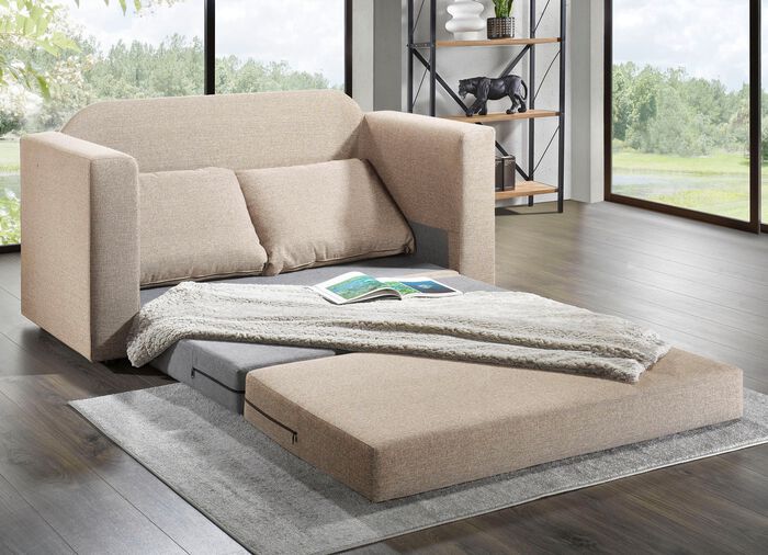 Schlafsofa mit 2 gro&szlig;en, weichen R&uuml;ckenkissen BEIGE