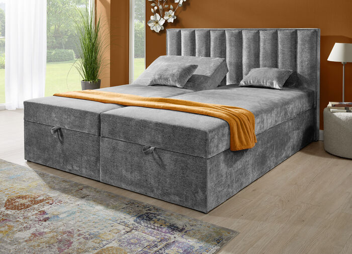 Boxspringbett mit individueller Kopfteilverstellung und Deko-Kissen GRAU