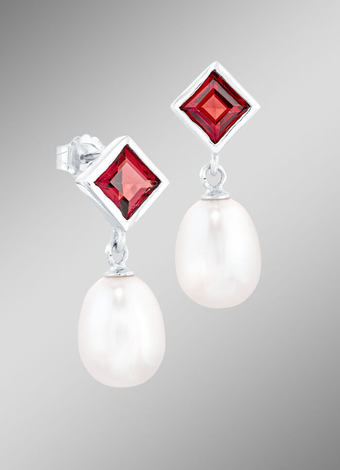 Elegante Ohrstecker mit echt Granat und S&uuml;&szlig;wasser-Zuchtperlen 